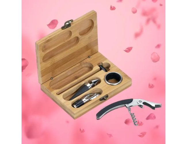 Acessórios Para Vinho Com Estojo Em Bambu - 6 Pçs